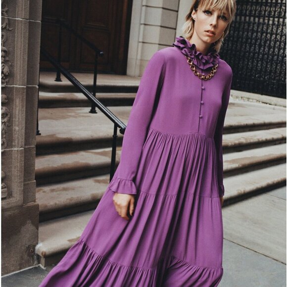 Zara Dresses & Skirts - ZARA WOMEN FLOWING PURPLE LONG DRESS WITH RUFFLES SIZE XS NEW WITH TAG!